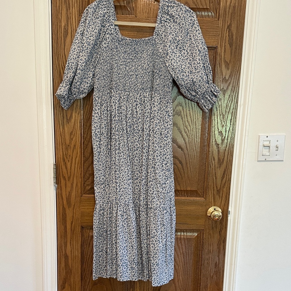 Madewell Long Sleeve Floral Dress in Blue and White